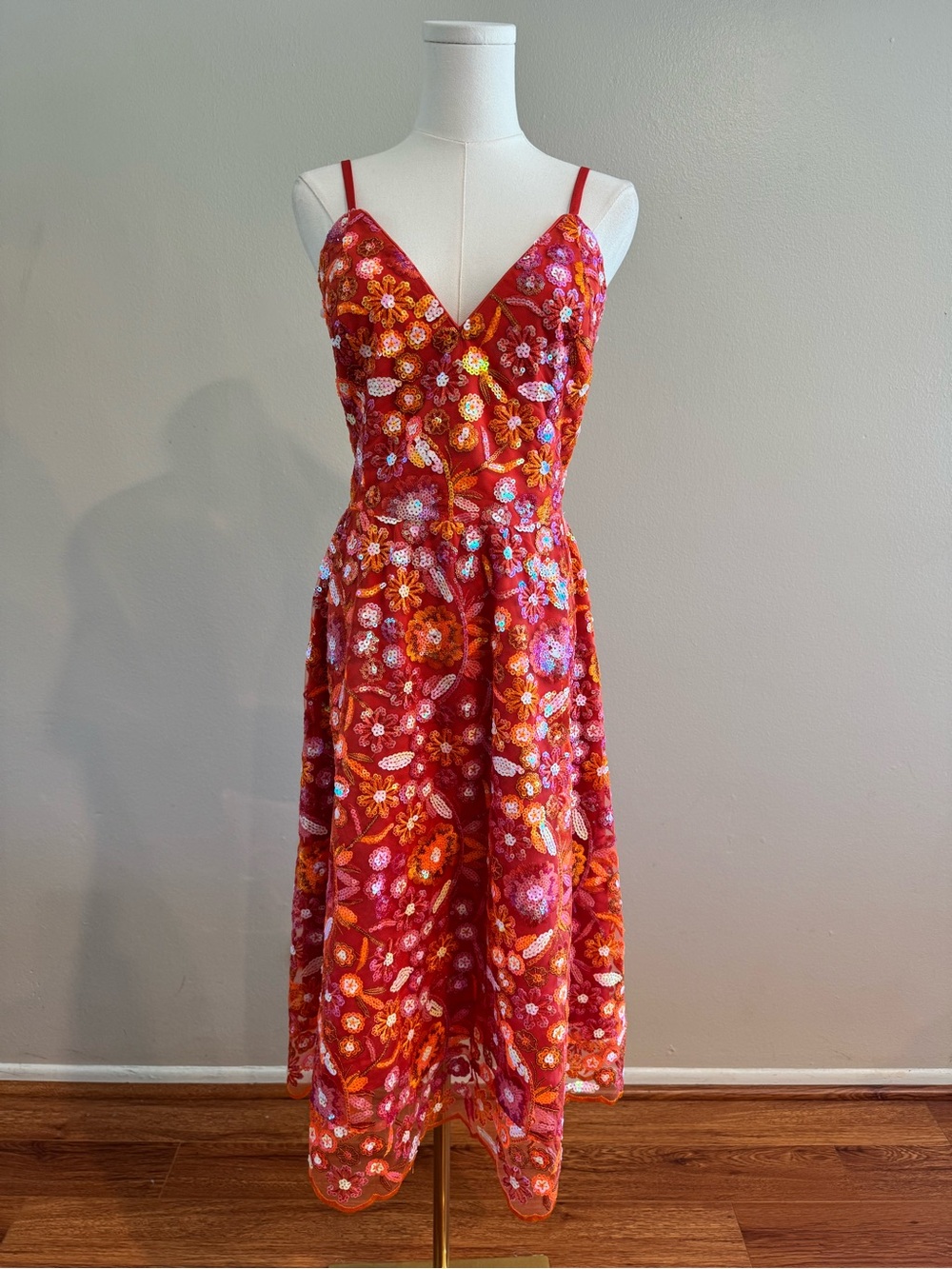 NWT Dress the Population Maren Orange Sequin Floral Embroidered Midi Dress